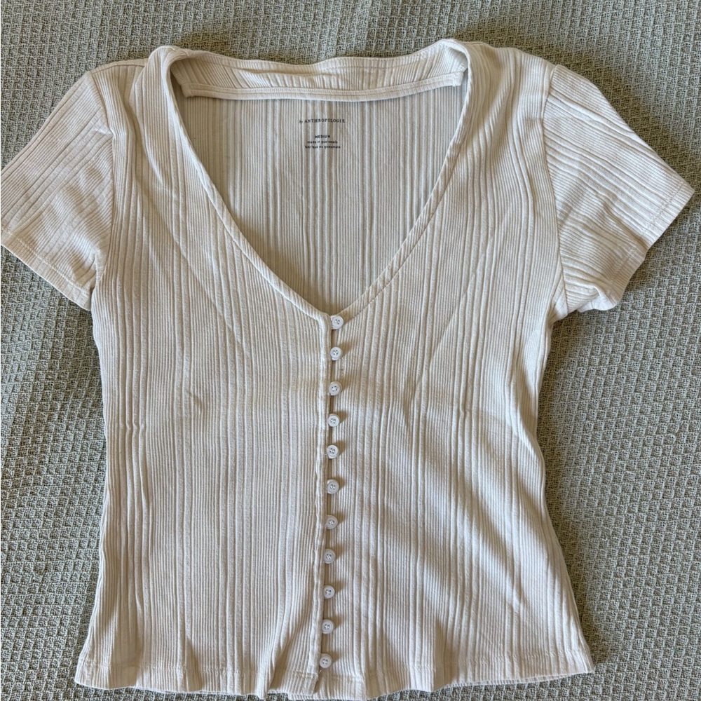 Anthropologie Ivory Ribbed Button-Down Short Sleeve Top